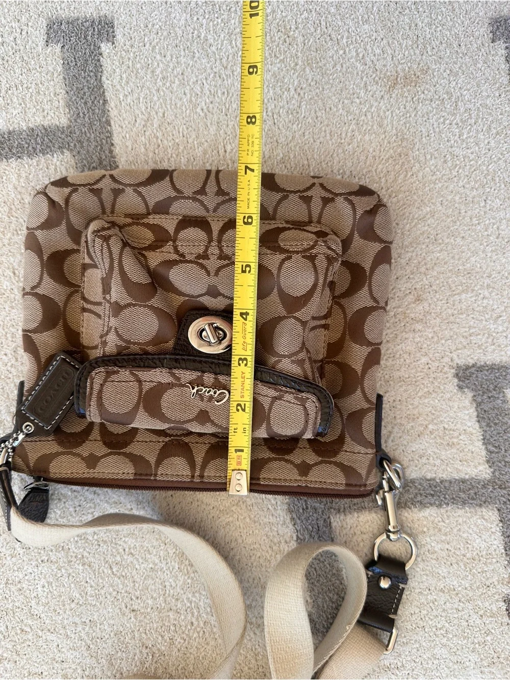 Coach Tan/Chocolate Signature Canvas Crossbody with Turnlock Pocket